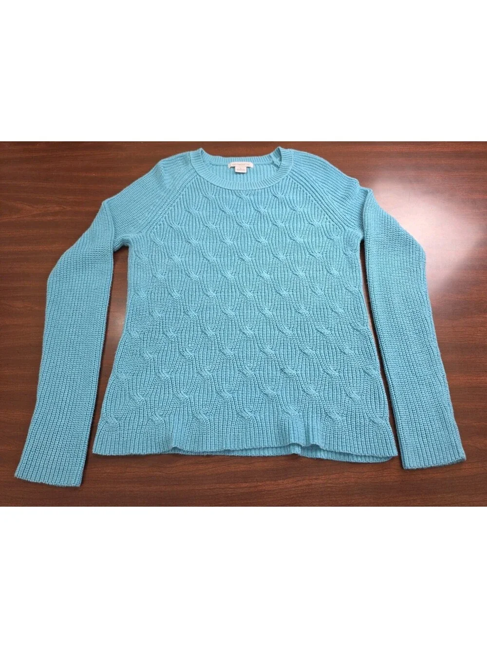 Liz Claiborne Large Turquoise Blue Cable Knit Cotton Blend Crewneck Sweater